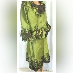 Women NUBIANO 2 piece green & brown church evening skirt suit Sz 10